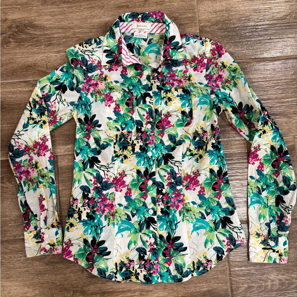 Van Heusen Women's XS White Floral Button-Down Shirt with Teal & Pink Accents